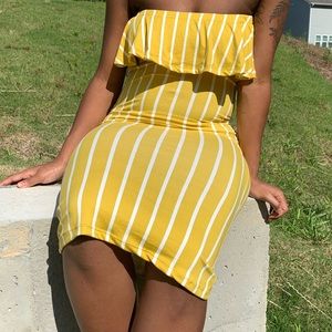 Ruff Tube Dress. Bright stripes in mustard & white